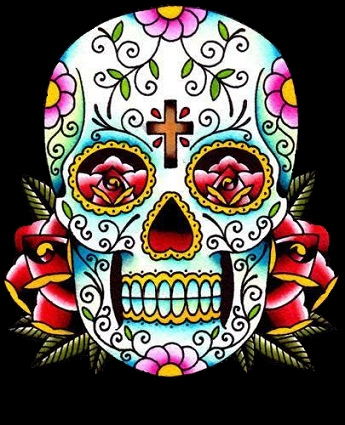 The sugar skulls are brightly painted with intricate designs that are 